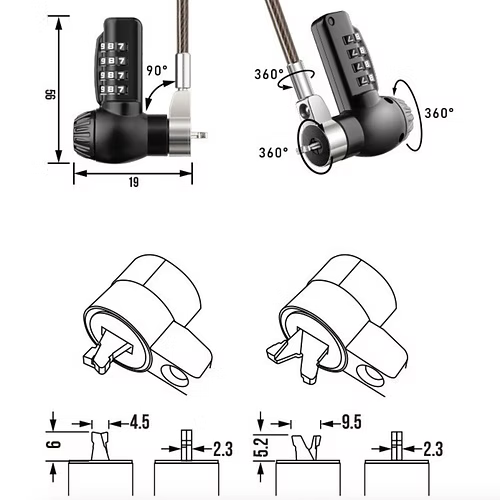 Multifunctional Laptop Lock Compatible with T-Bar, Nano Slot, and Wedge